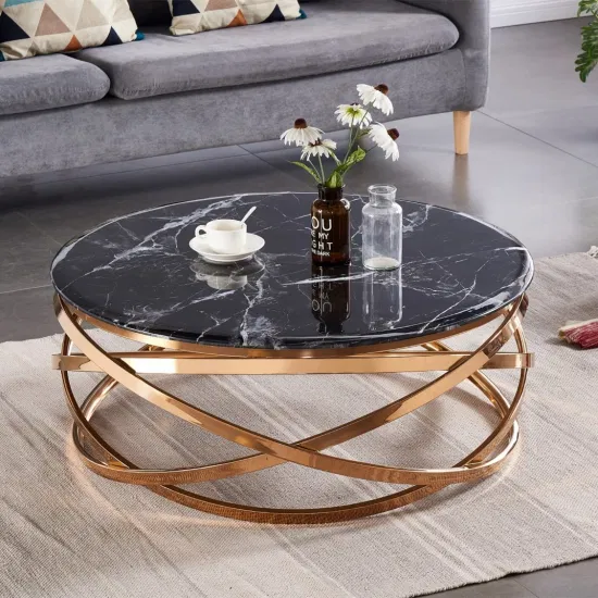 Tavolini da caffè moderni di lusso in vetro di marmo nero Tavolini da soggiorno rotondi in acciaio inossidabile dorato