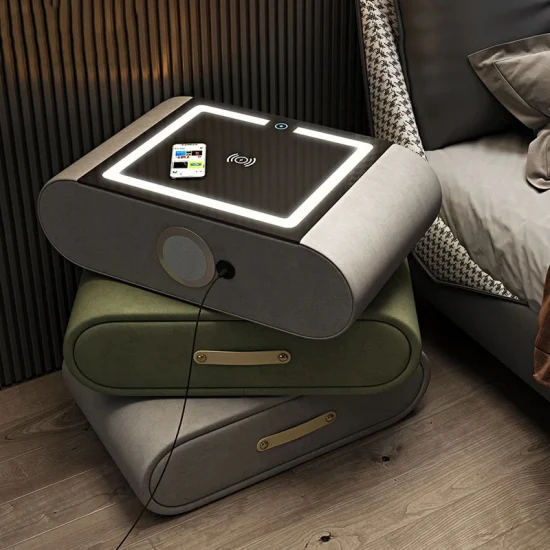Comodino girevole intelligente multifunzione Nova Mobili moderni per camera da letto dell'hotel Finitura in tessuto di lino Comodino intelligente con stazione di ricarica